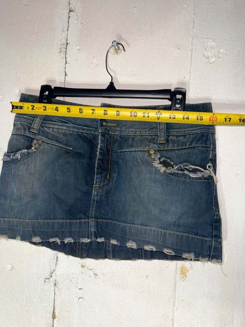 Vintage Y2K OPRK Low Rise Distressed Denim Micro Mini Skirt with Back Patch - Picture 5 of 8